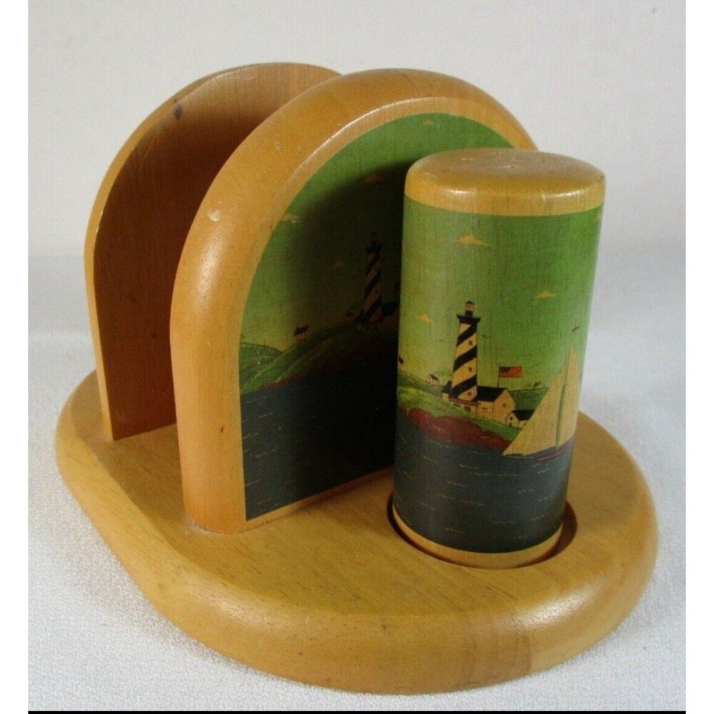 KAMENSTEIN 1997 Wooden Lighthouse Salt Pepper Napkin Holder Sailboat Cottage VTG